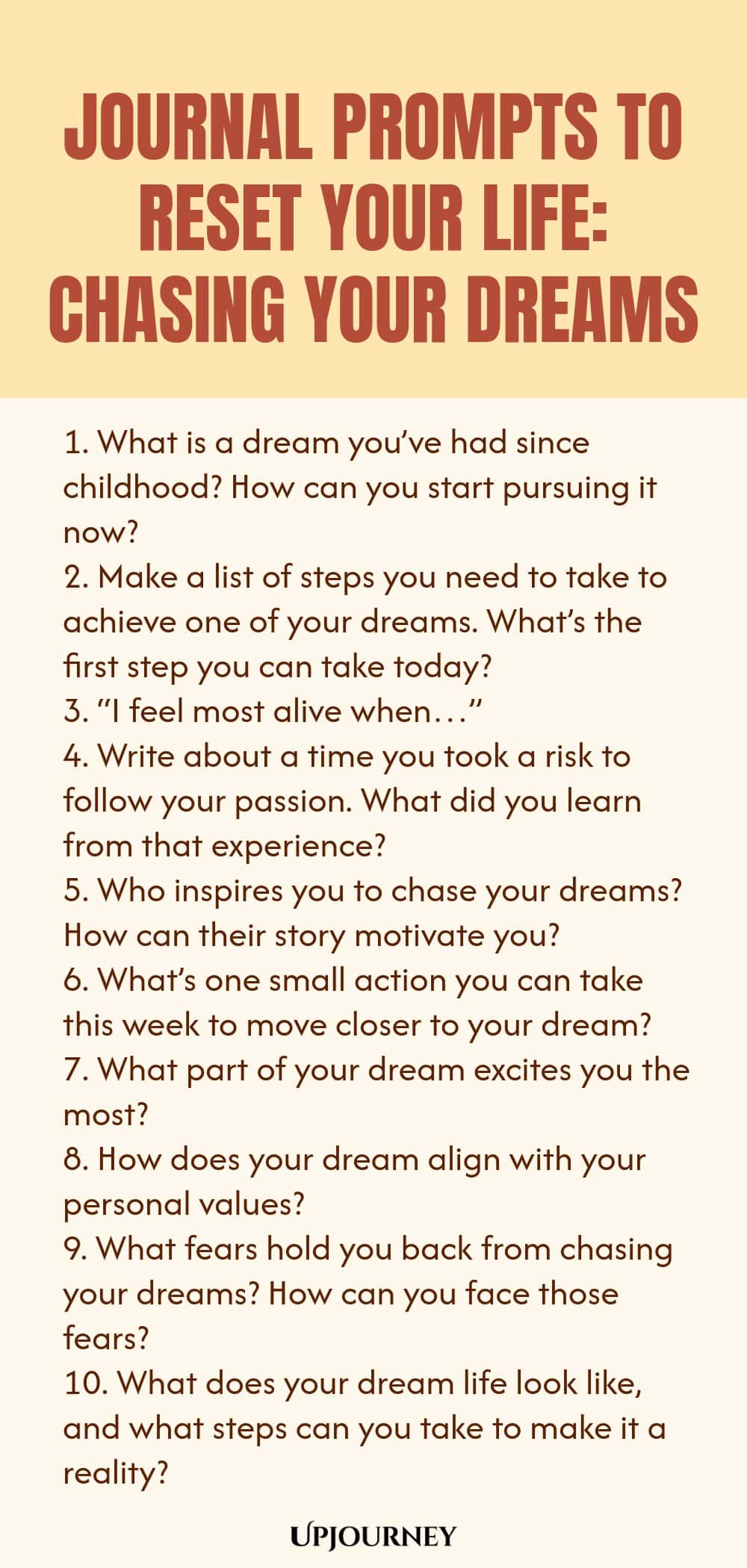 100 Journal Prompts to Reset Your Life: Chasing Your Dreams 1. What is a dream you’ve had since childhood? How can you start pursuing it now? 2. Make a list of steps you need to take to achieve one of your dreams. What’s the first step you can take today? 3. “I feel most alive when…” 4. Write about a time you took a risk to follow your passion. What did you learn from that experience? 5. Who inspires you to chase your dreams? How can their story motivate you? 6. What’s one smal...