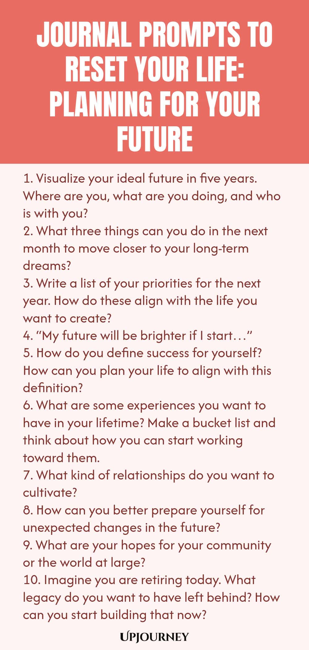 100 Journal Prompts to Reset Your Life: Planning for Your Future 1. Visualize your ideal future in five years. Where are you, what are you doing, and who is with you? 2. What three things can you do in the next month to move closer to your long-term dreams? 3. Write a list of your priorities for the next year. How do these align with the life you want to create? 4. “My future will be brighter if I start…” 5. How do you define success for yourself? How can you plan your life to a...