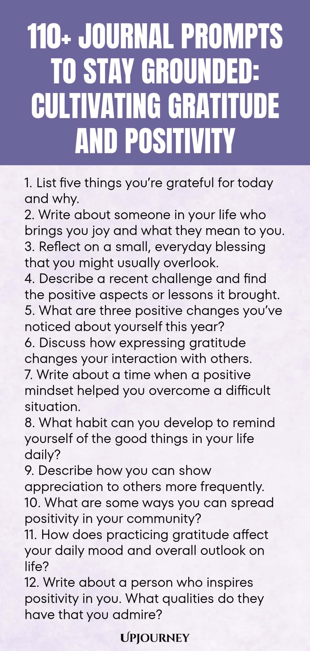 110+ Journal Prompts to Stay Grounded: Cultivating Gratitude and Positivity 1. List five things you’re grateful for today and why. 2. Write about someone in your life who brings you joy and what they mean to you. 3. Reflect on a small, everyday blessing that you might usually overlook. 4. Describe a recent challenge and find the positive aspects or lessons it brought. 5. What are three positive changes you’ve noticed about yourself this year? 6. Discuss how expressing gratitude...