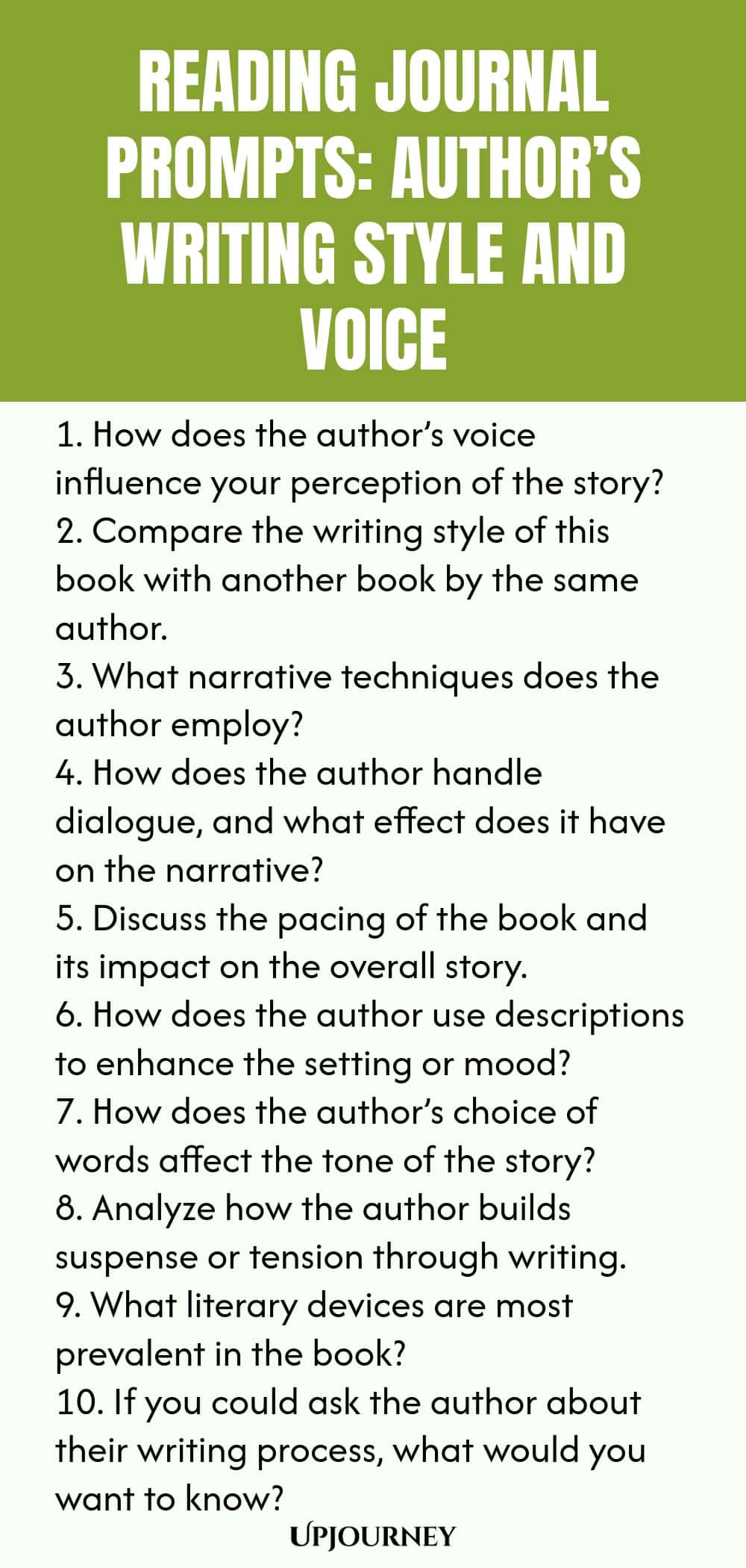 Reading Journal Prompts: Author’s Writing Style and Voice 1. How does the author’s voice influence your perception of the story? 2. Compare the writing style of this book with another book by the same author. 3. What narrative techniques does the author employ? 4. How does the author handle dialogue, and what effect does it have on the narrative? 5. Discuss the pacing of the book and its impact on the overall story. 6. How does the author use descriptions to enhance the setting...