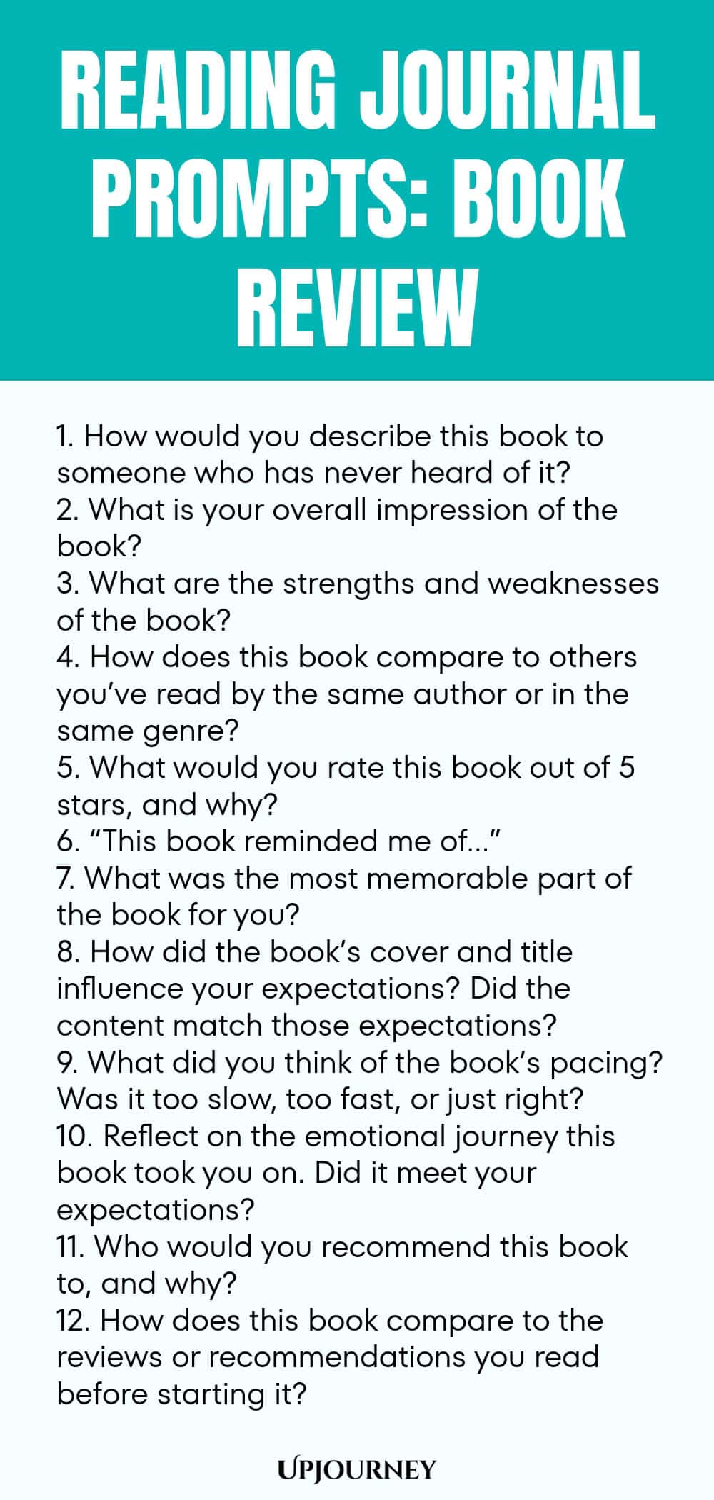Reading Journal Prompts: Book Review 1. How would you describe this book to someone who has never heard of it? 2. What is your overall impression of the book? 3. What are the strengths and weaknesses of the book? 4. How does this book compare to others you’ve read by the same author or in the same genre? 5. What would you rate this book out of 5 stars, and why? 6. “This book reminded me of…” 7. What was the most memorable part of the book for you? 8. How did the book’s cover ...