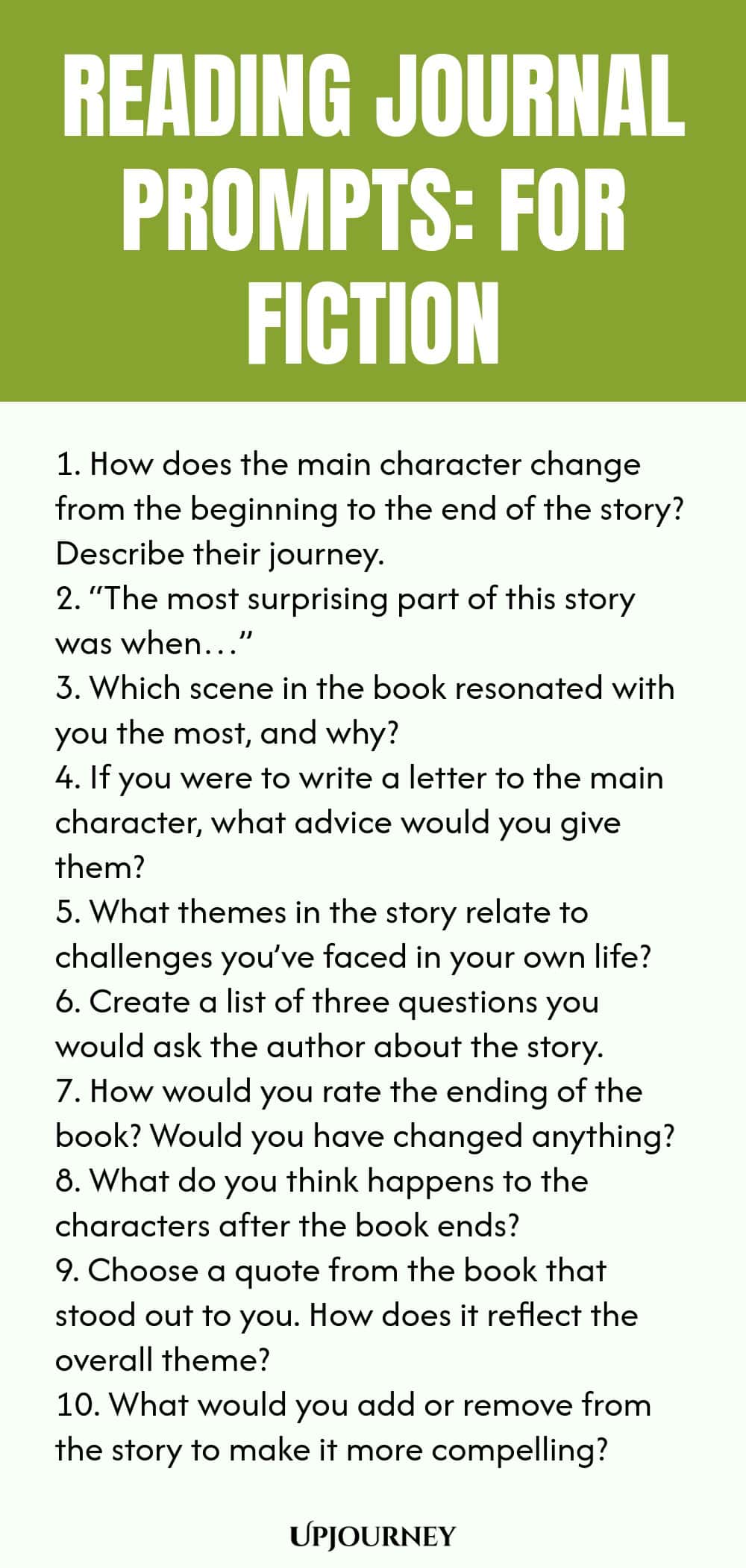 Reading Journal Prompts: For Fiction 1. How does the main character change from the beginning to the end of the story? Describe their journey. 2. “The most surprising part of this story was when…” 3. Which scene in the book resonated with you the most, and why? 4. If you were to write a letter to the main character, what advice would you give them? 5. What themes in the story relate to challenges you’ve faced in your own life? 6. Create a list of three questions you would ask t...