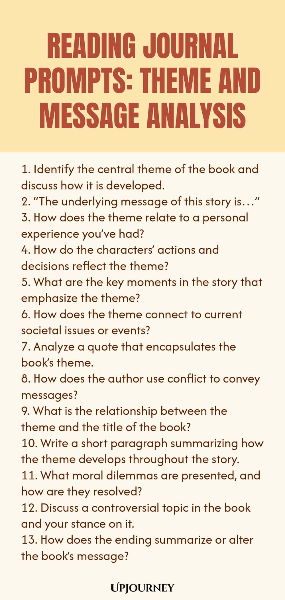 Reading Journal Prompts: Theme and Message Analysis 1. Identify the central theme of the book and discuss how it is developed. 2. “The underlying message of this story is…” 3. How does the theme relate to a personal experience you’ve had? 4. How do the characters’ actions and decisions reflect the theme? 5. What are the key moments in the story that emphasize the theme? 6. How does the theme connect to current societal issues or events? 7. Analyze a quote that encapsulates the...