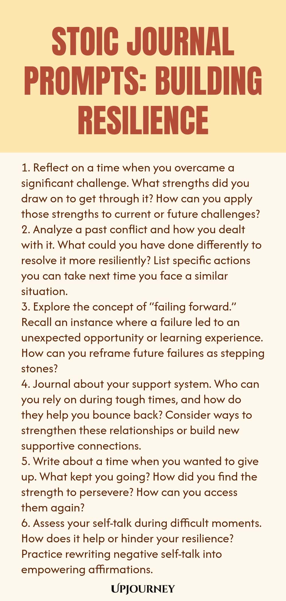 Stoic Journal Prompts: Building Resilience 1. Reflect on a time when you overcame a significant challenge. What strengths did you draw on to get through it? How can you apply those strengths to current or future challenges? 2. Analyze a past conflict and how you dealt with it. What could you have done differently to resolve it more resiliently? List specific actions you can take next time you face a similar situation. 3. Explore the concept of “failing forward.” Recall an instance...