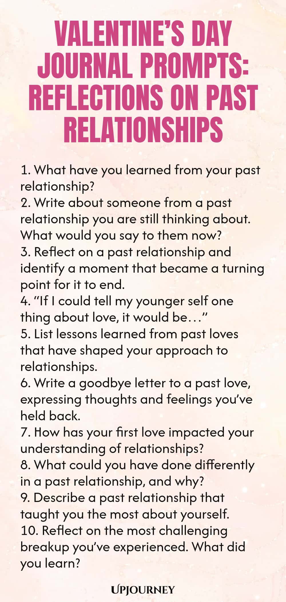 140 Valentine’s Day Journal Prompts: Reflections on Past Relationships 1. What have you learned from your past relationship? 2. Write about someone from a past relationship you are still thinking about. What would you say to them now? 3. Reflect on a past relationship and identify a moment that became a turning point for it to end. 4. “If I could tell my younger self one thing about love, it would be…” 5. List lessons learned from past loves that have shaped your approach to rel...