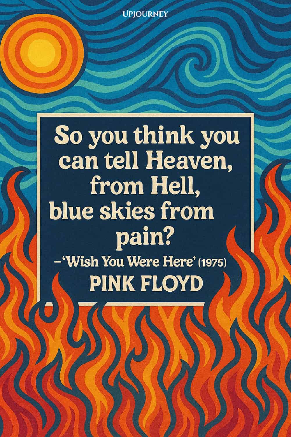 A stylized graphic featuring a swirling blue sky with a bright orange sun in the top left corner. The foreground depicts red and orange flames rising from the bottom. In the center is a dark blue square with cream-colored text that reads: "So you think you can tell Heaven, from Hell, blue skies from pain? – 'Wish You Were Here' (1975) PINK FLOYD." The design has a retro, vintage poster feel.