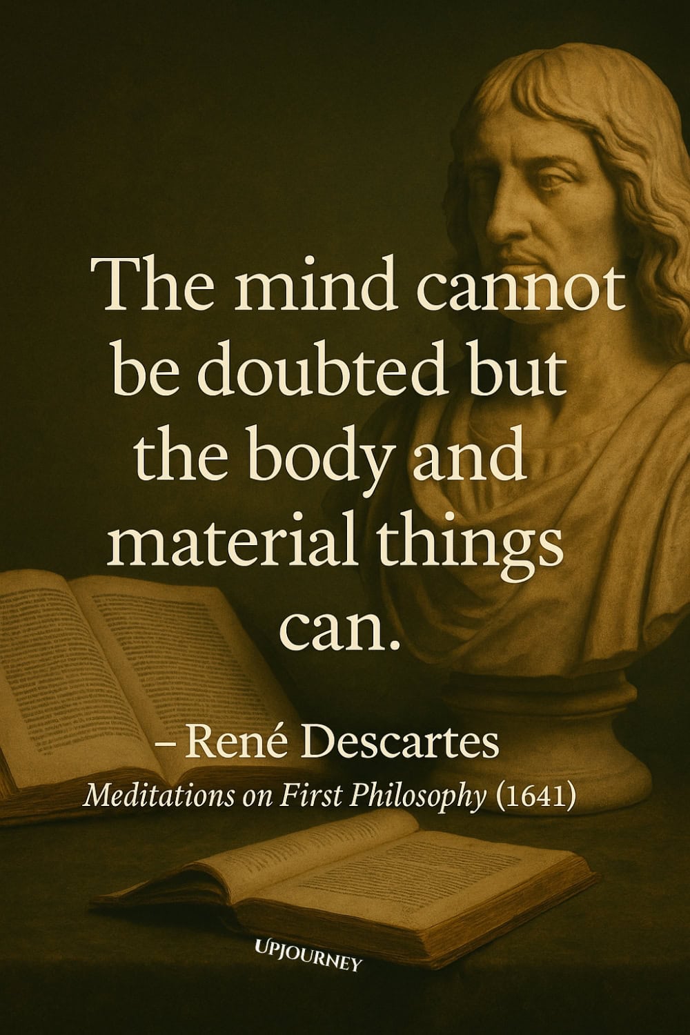 A quote that reads: “The mind cannot be doubted but the body and material things can.” Beneath the quote, the attribution appears: “René Descartes, Meditations on First Philosophy (1641).”