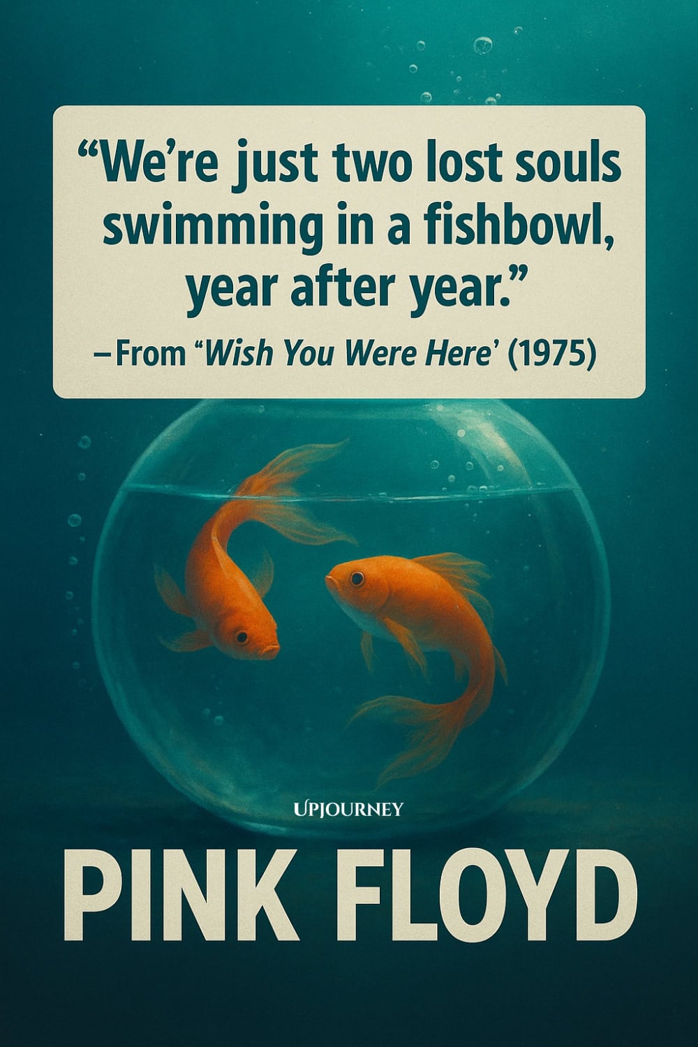 Underwater-themed graphic featuring two orange goldfish swimming inside a transparent fishbowl against a deep teal background. Overlaid text displays a famous lyric from Pink Floyd's 1975 song "Wish You Were Here": "We're just two lost souls swimming in a fishbowl, year after year."