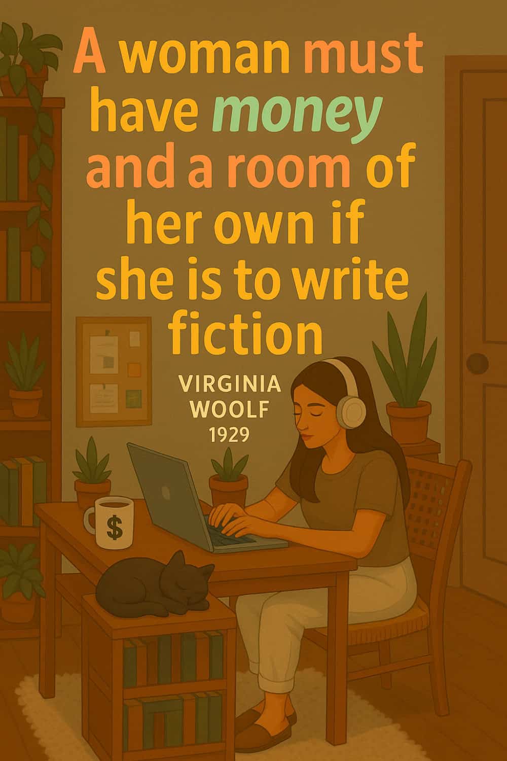 Illustration of a woman wearing headphones, typing on a laptop at a wooden desk surrounded by potted plants and books. A black cat sleeps on a lower shelf. The quote says: "A woman must have money and a room of her own if she is to write fiction." — Virginia Woolf, 1929.