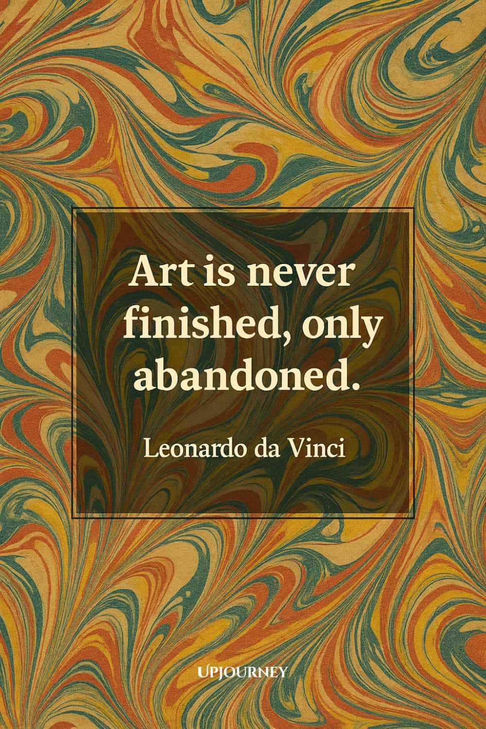 A colorful swirling marbled pattern in yellow, orange, blue, and green hues. In the center is a semi-transparent dark rectangle containing the quote: "Art is never finished, only abandoned. Leonardo da Vinci."