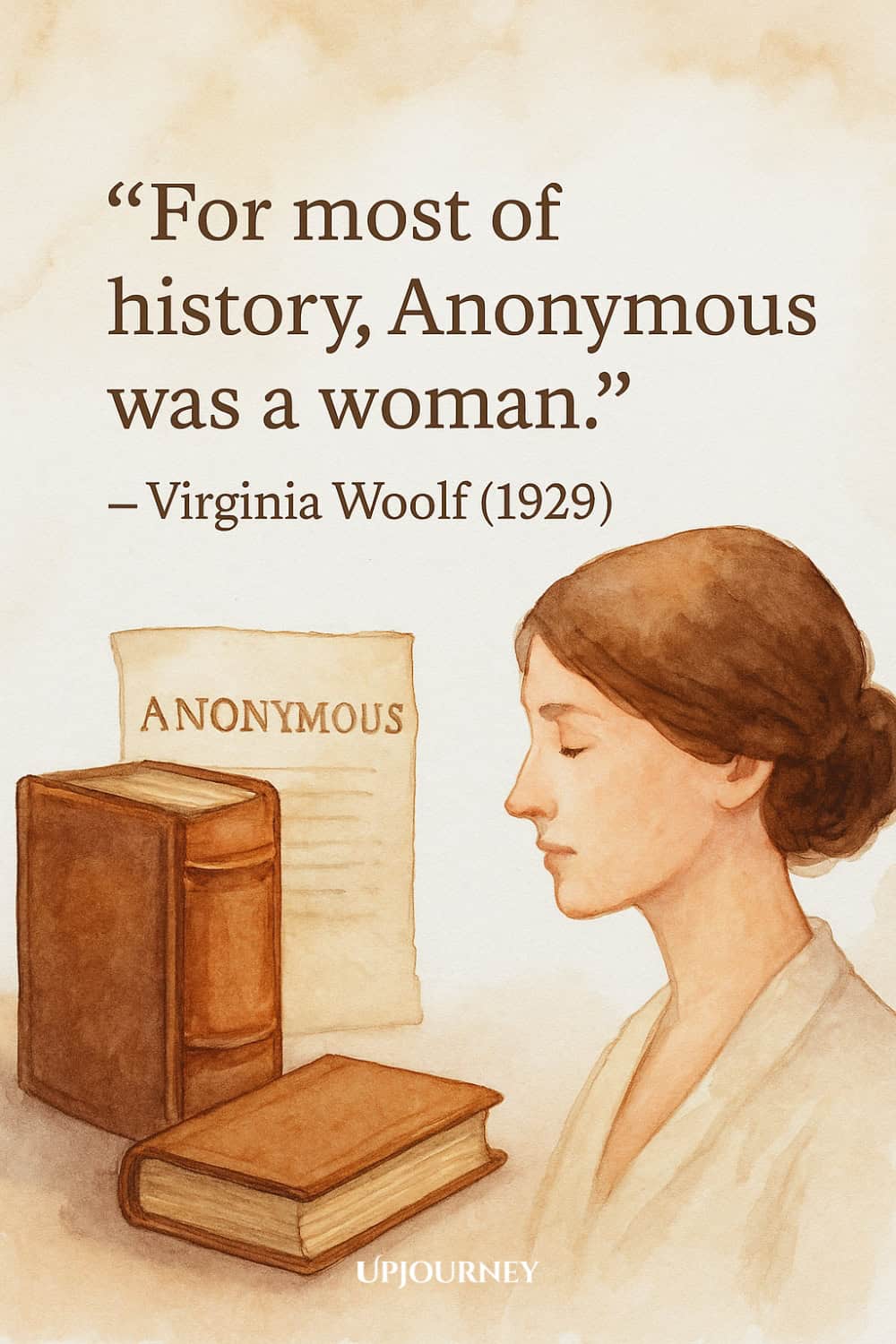 A soft watercolor illustration of a woman with her eyes closed beside two old books and a paper labeled "ANONYMOUS." The quote reads: "For most of history, Anonymous was a woman." — Virginia Woolf (1929).