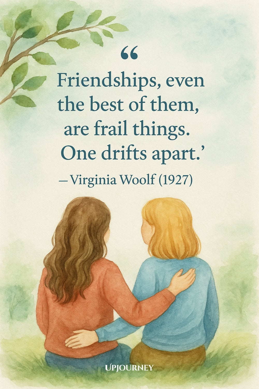Watercolor illustration of two women sitting on grass with their arms around each other, facing away. Above them is a quote by Virginia Woolf: "Friendships, even the best of them, are frail things. One drifts apart." (1927)