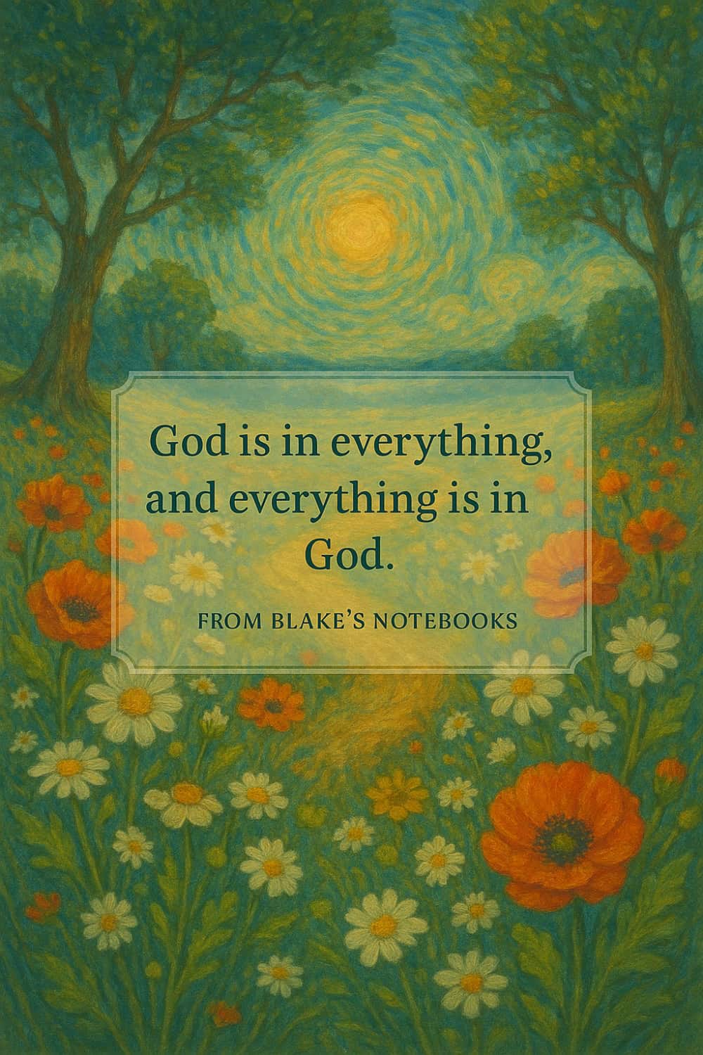 A colorful painting of a field with flowers, trees, and a glowing sun in the background. Text overlay reads: "God is in everything, and everything is in God. From Blake’s Notebooks."