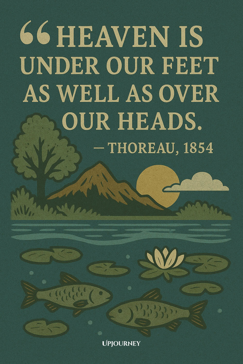 A nature scene with two fish swimming among lily pads in a pond. In the background are trees, a mountain, the sun, and a cloud. The quote says: "HEAVEN IS UNDER OUR FEET AS WELL AS OVER OUR HEADS." — THOREAU, 1854