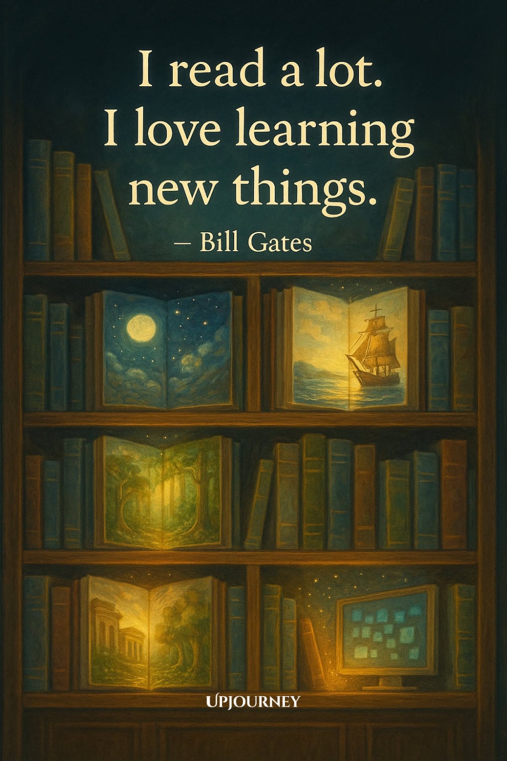 A wooden bookshelf filled with books. Four books are open, each showing a glowing, colorful scene inside: a night sky with a moon, a sailing ship on the sea, a sunlit forest, and a lit computer screen with notes. Text at the top reads: "I read a lot. I love learning new things." — Bill Gates