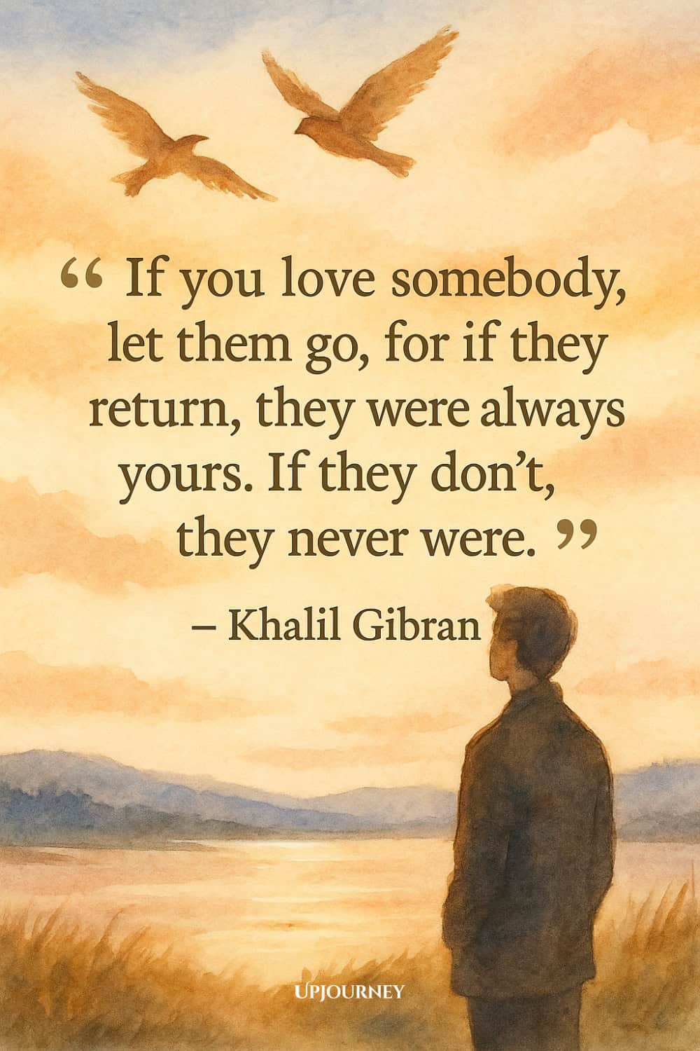 Watercolor painting of a man looking over a lake at sunset with two birds flying overhead. Quote reads: "If you love somebody, let them go, for if they return, they were always yours. If they don’t, they never were." — Khalil Gibran.