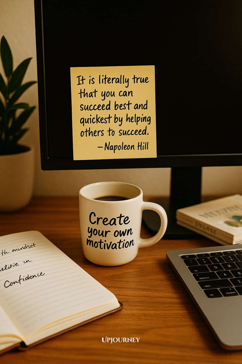 A cozy desk scene with a warm brown wooden table, a laptop keyboard on the right, an open notebook with handwritten notes on the left, and a cream ceramic coffee mug in the center reading "Create your own motivation" in black script. In the background, a black monitor has a yellow sticky note attached with a quote in handwritten font: "It is literally true that you can succeed best and quickest by helping others to succeed." -Napoleon Hill