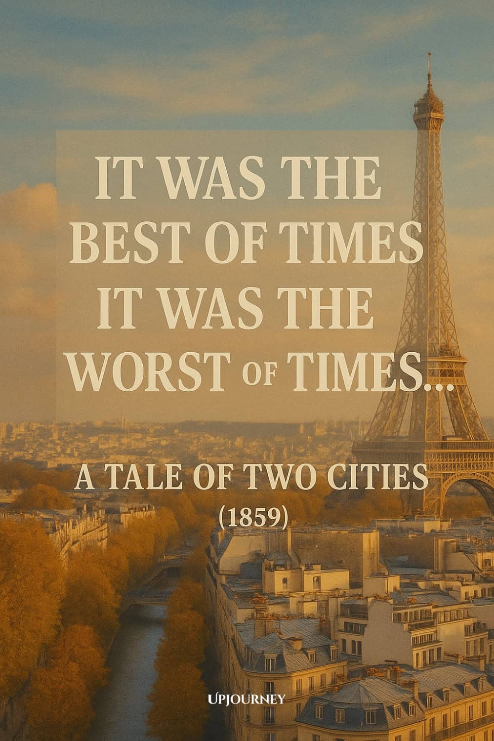Aerial view of Paris at sunset with the Eiffel Tower on the right. Overlay text features the famous quote: "It was the best of times, it was the worst of times..." from "A Tale of Two Cities" (1859).