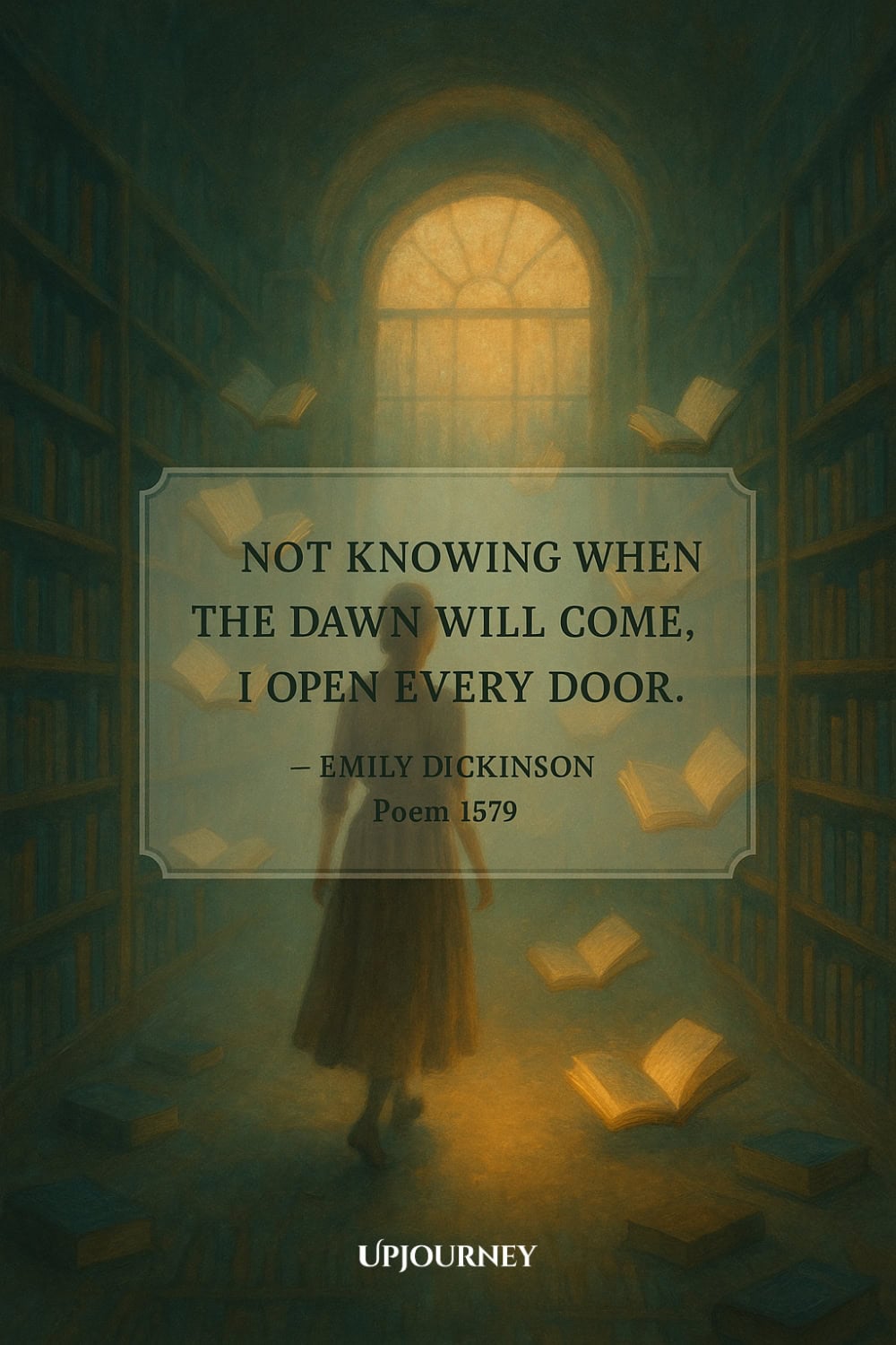 A dimly lit library with tall bookshelves and floating open books. A woman in a long dress walks toward a large window glowing with sunlight. The quote reads: "Not knowing when the dawn will come, I open every door." — Emily Dickinson, Poem 1579.