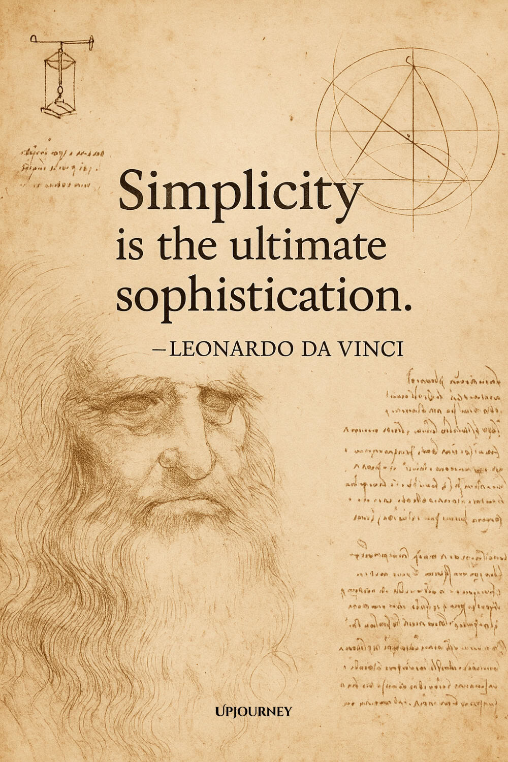 A vintage style portrait sketch of Leonardo da Vinci with handwritten notes and diagrams on aged parchment paper. The text reads: "Simplicity is the ultimate sophistication. Leonardo da Vinci"
