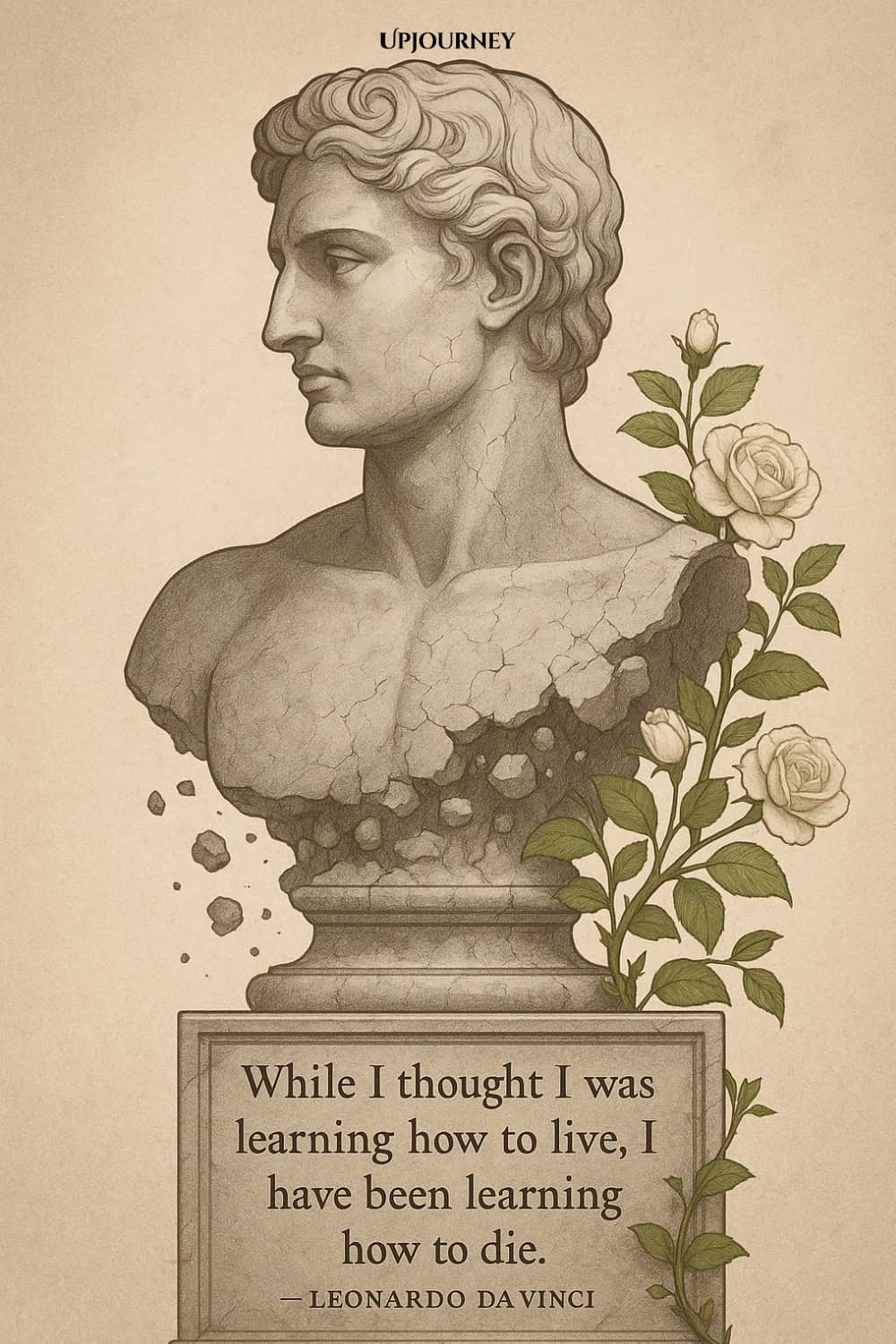 A cracked classical stone bust with a blooming white rose growing from the cracks. The text reads: "While I thought I was learning how to live, I have been learning how to die. — Leonardo da Vinci"